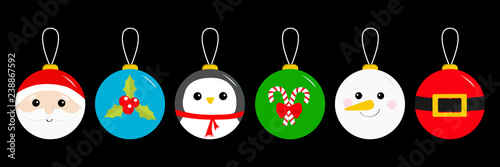 Merry Christmas ball toy hanging icon set. Santa Claus head, red coat golden belt Snowman Holly berry Penguin Candy cane Tree decoration. Cute cartoon character. Black background. Flat design.