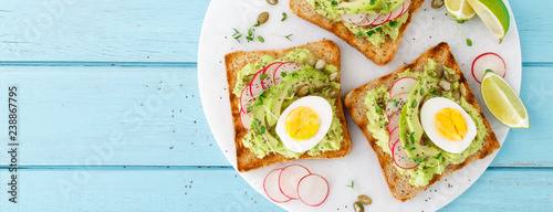 Toasts with avocado guacamole, fresh radish, boiled egg, chia and pumpkin seeds. Diet breakfast. Delicious and healthy plant-based food. Flat lay. Top view. Banner