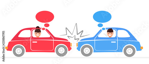 Two cars hit head-on. Car accident flat design. Car crash banner. Man and woman arguing. © Margarita