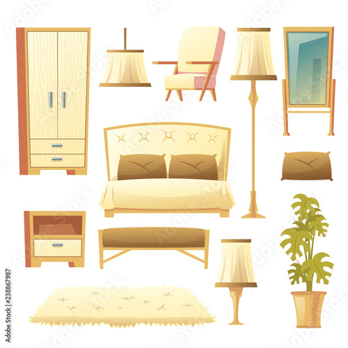 Vector cartoon set of a bedroom - wardrobe with armchair and other furniture. Cozy fur carpet, big bed with pillows and floor lamp in bright colors. Decorative objects isolated on white background.