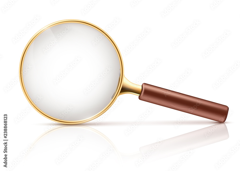 Vector 3d realistic magnifying glass in golden rim, brown wooden handle.  Science tool with transparent lens isolated on white background.Optical  device for research, exploration. Instrument to magnify Stock Vector |  Adobe Stock