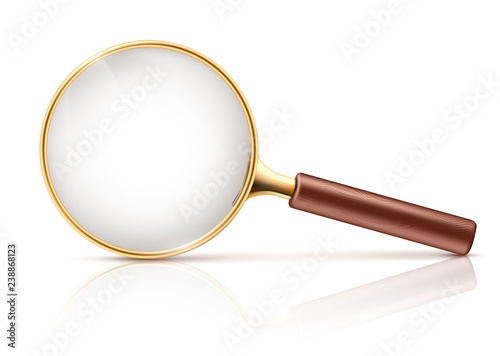 Vector 3d realistic magnifying glass in golden rim, brown wooden handle. Science tool with transparent lens isolated on white background.Optical device for research, exploration. Instrument to magnify