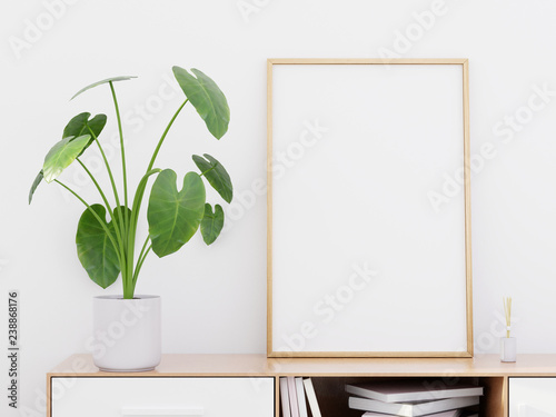 Modern living room interior with a wooden dresser and a poster mockup, 3D render