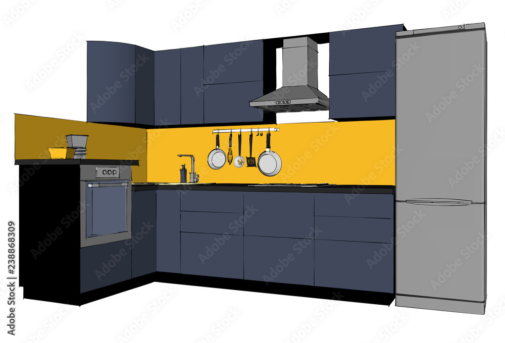 3d drawing of blue L-shape kitchen unit with mustard back splash, wall-mounted chimney cooker hood, built-in oven, hob, sink, tap, refrigerator and utensils hanging rack.