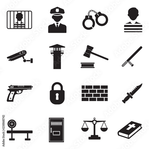 Prison Icons. Black Flat Design. Vector Illustration. 