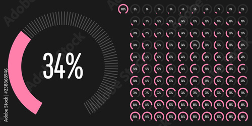 Set of circular sector percentage diagrams (meters) from 0 to 100 ready-to-use for web design, user interface (UI) or infographic - indicator with pink