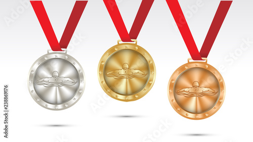 swimming Champion Gold, Silver and Bronze Medal set with Red Ribbon  Vector Illustration