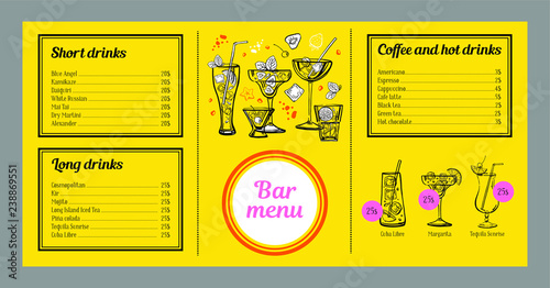 Cocktail menu design template with list of drinks, coffee and graphics with cocktails. Vector outline hand drawn illustration with yellow background