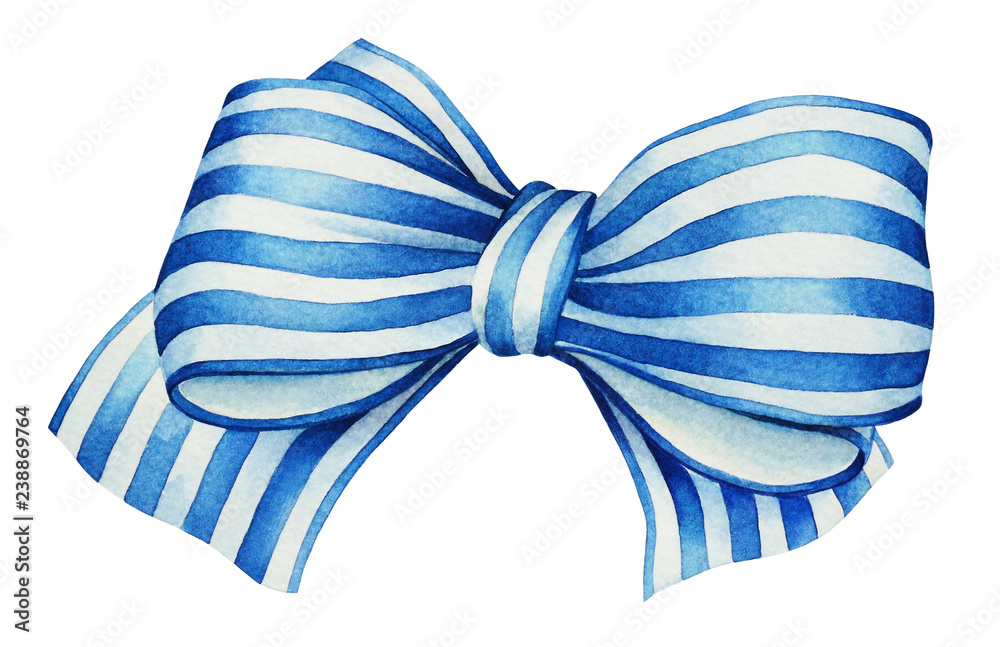 Watercolor hand drawn blue with white stripes ribbon bow isolated on ...