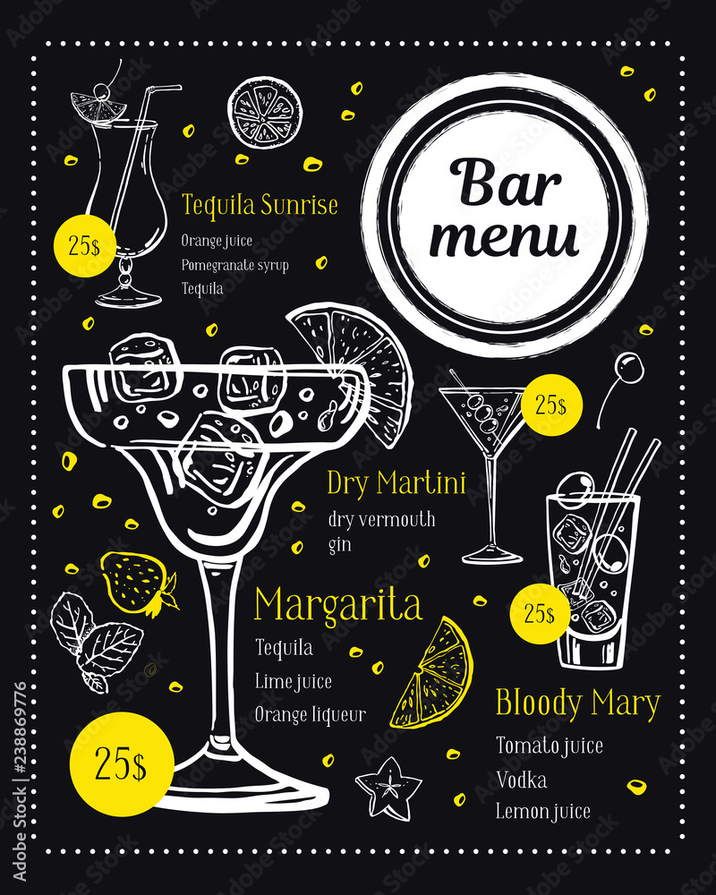 Bar menu design template. Classical cocktails illustrations with  ingredients and prices. Vector outline sketch hand drawn illustration on  blackboard background Stock Vector | Adobe Stock