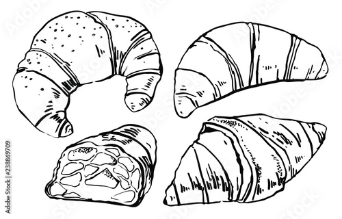 Croissants. Hand drawn outline sketch vector set isolated on white background