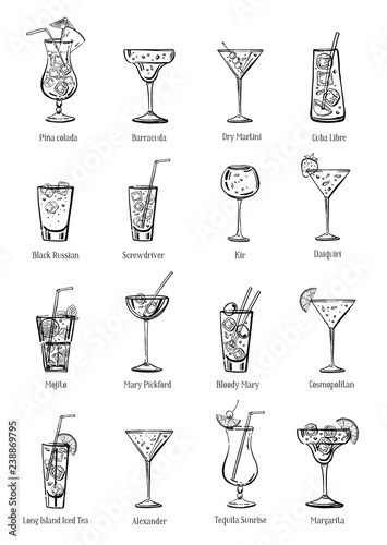 Classic cocktails set. Sixteen drinks collection. Vector sketch outline hand drawn illustration isolated on white background