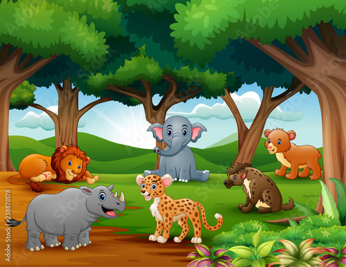 Animals cartoon are enjoying nature in the jungle