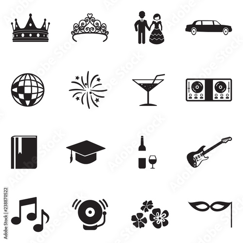 Prom Night Icons. Black Flat Design. Vector Illustration. 