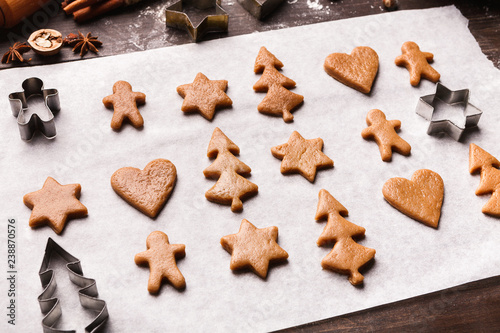 Assortment of raw gingerbread cookies and metal cutters