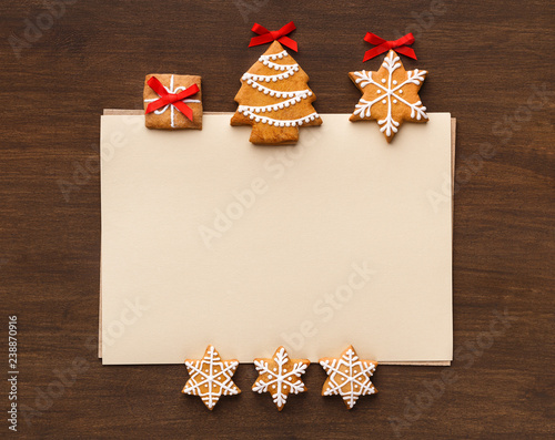 Christmas letter with gingerbread cookies, top view