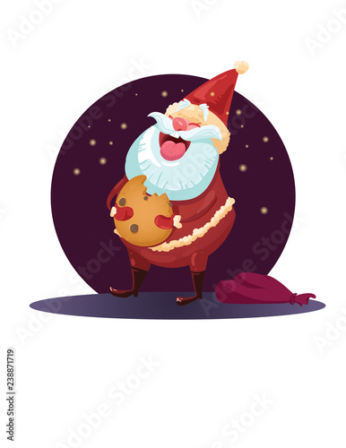 Rotund funny Santa Claus eats cookies. Vector illustration, background, greeting card.
