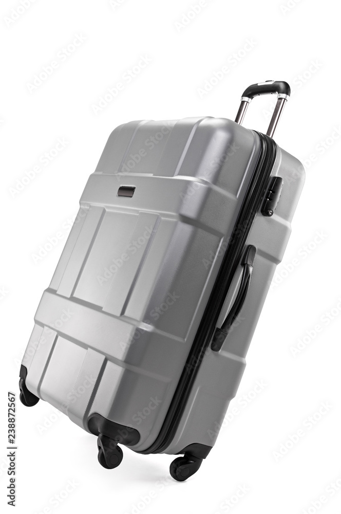 Naklejka premium Modern plastic suitcase for traveler isolated on white background