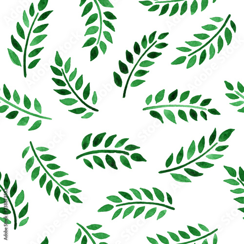 Vector seamless pattern with watercolor green leaves on a white background. Texture for print, wallpaper, home decor, textile, package design, invitation or website background.