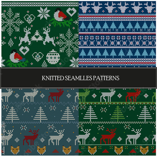Set of seamless knitted patterns. Christmas theme.