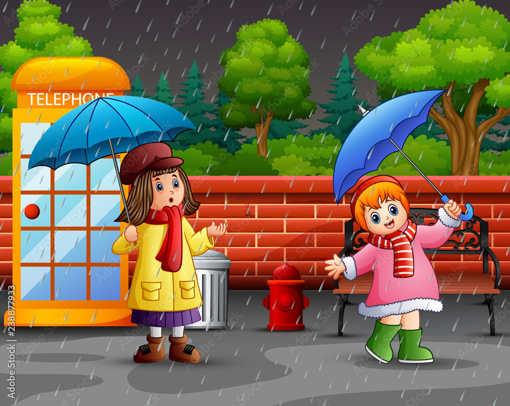 Cartoon two girl carrying umbrella under the rain in the city park Stock  Vector | Adobe Stock