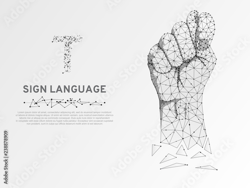 Origami Sign language T letter, Russian Sing Dulya Figa Shish Kukish gesture. Polygonal space low poly style. Deaf people silent communication. Connection wireframe. Vector on white background