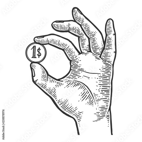 Hand with coin dollar engraving vector illustration. Scratch board style imitation. Black and white hand drawn image.