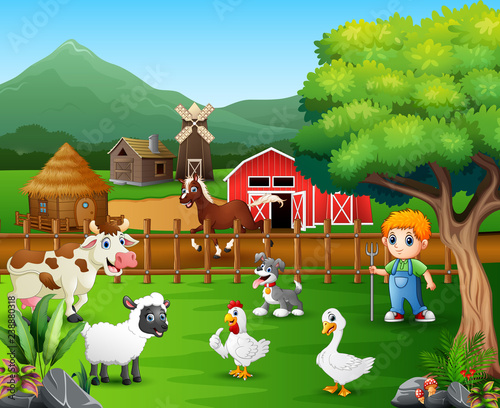 Cartoon of a farmer at his farm with a bunch of farm animals