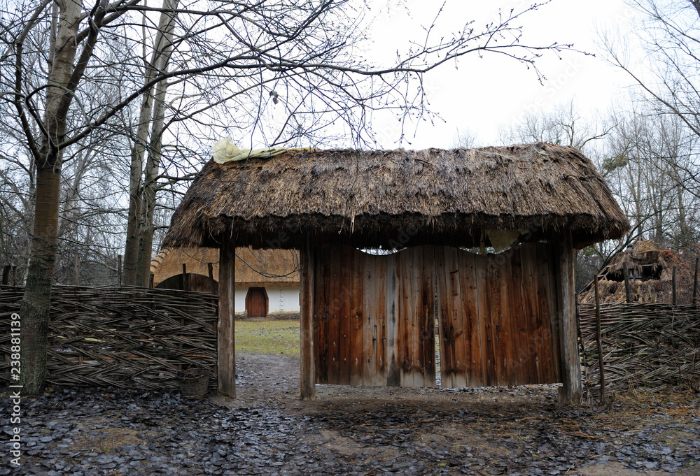 View of gate, fence and Ukrainian traditional rural household on a background View of gate, fence and Ukrainian traditional rural household on a background