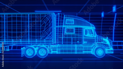 Blue wireframe Trailer Truck rides through Blue tunnel 3d rendering