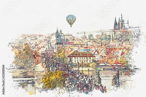 Watercolor sketch or illustration of a beautiful view of the ancient architecture of Prague and the Charles Bridge over the Vltava River. Hot air balloon flies in the sky.