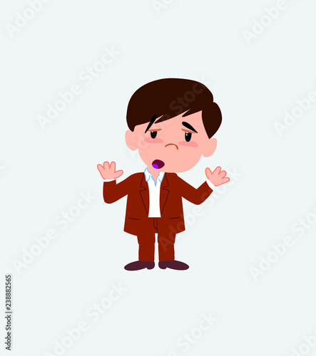 Businessman in casual style makes a gesture of tired resignation.