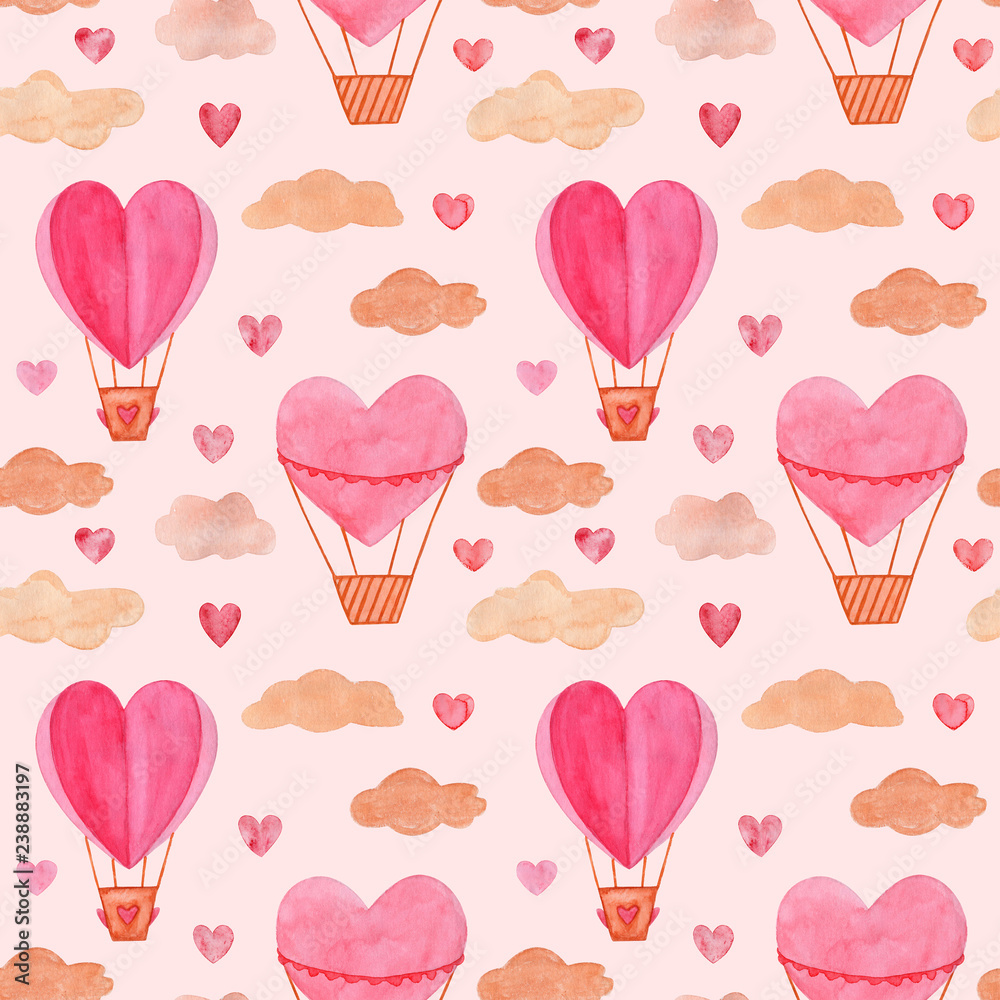 Seamless pattern. Hand drawn watercolor illustration, hot air balloon in the sky. Valentines day, aquarelle illustration. Pattern perfect for Valentine's day card, romantic post cards, gift wrapping.