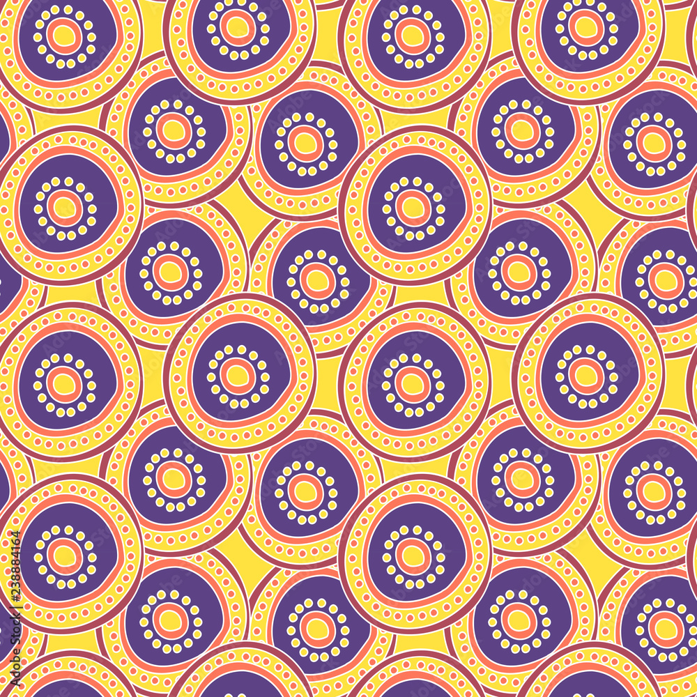Beautiful abstract art vector seamless pattern hand drawn yellow and purple circles. Background for desing, textile, wallpaper, wrapping, cover page, web site, card, business banner, ceramic tiles.