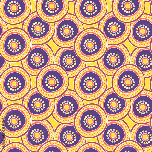Beautiful abstract art vector seamless pattern hand drawn yellow and purple circles. Background for desing  textile  wallpaper  wrapping  cover page  web site  card  business banner  ceramic tiles.