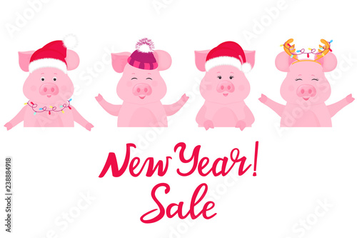 Pigs in Christmas costumes keep advertising banner. New Year Sale. Santa Claus hat, cap with furry hat.