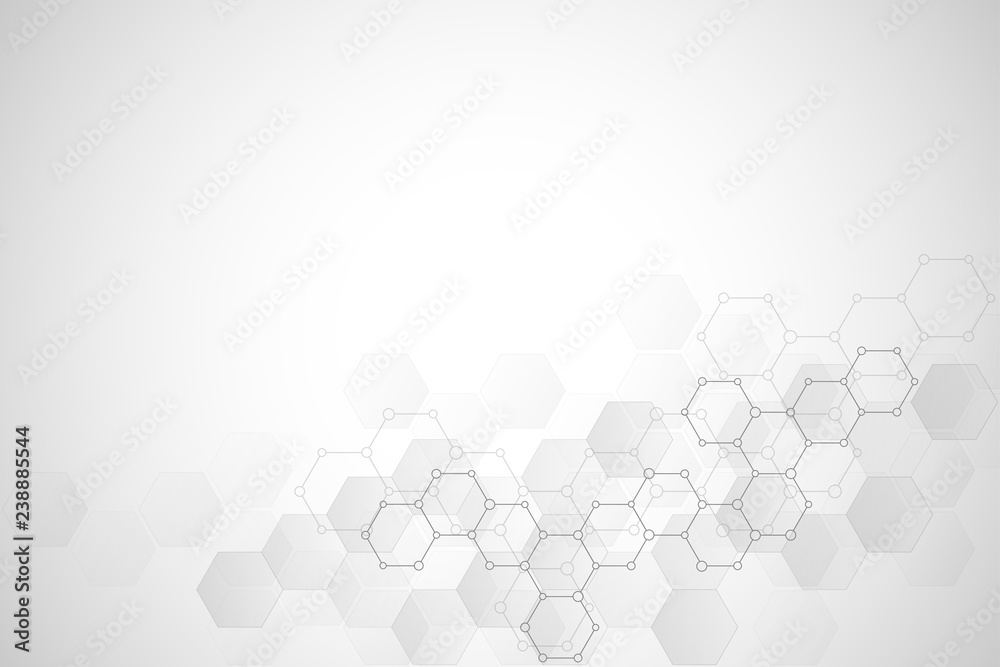 Geometric background texture with molecular structures and chemical compounds. Abstract background of hexagons pattern. Illustration for medical or scientific and technological modern design.