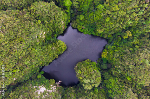 Drone view of lake where is called as mirror lake in Ipoh, Malaysia