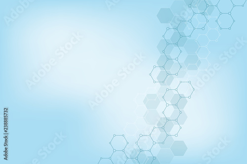 Molecular structures and hexagons elements. Abstract geometric background with molecules and communication. Hexagons pattern for medical or scientific and technological design. © berCheck