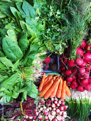 Radish carrots and greens on the market 