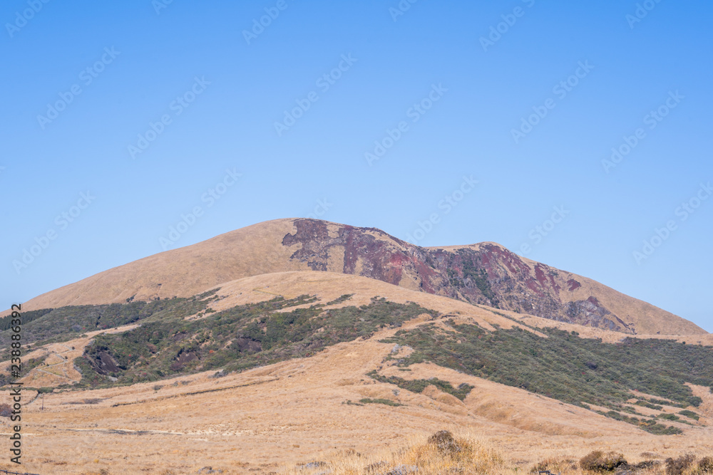 Aso mountain and dry brown grassland with miscanthusm in autumn, blue sky.