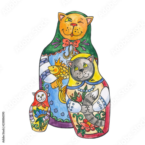 isolated illustration of cats-dolls, family cats, mother and daughter. Matreshka in the form of a cat. Wooden dolls from Russia