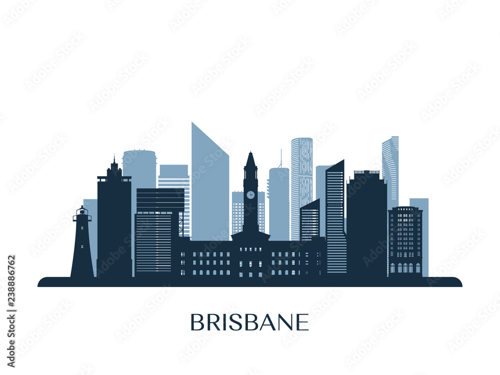 Brisbane skyline, monochrome silhouette. Vector illustration.