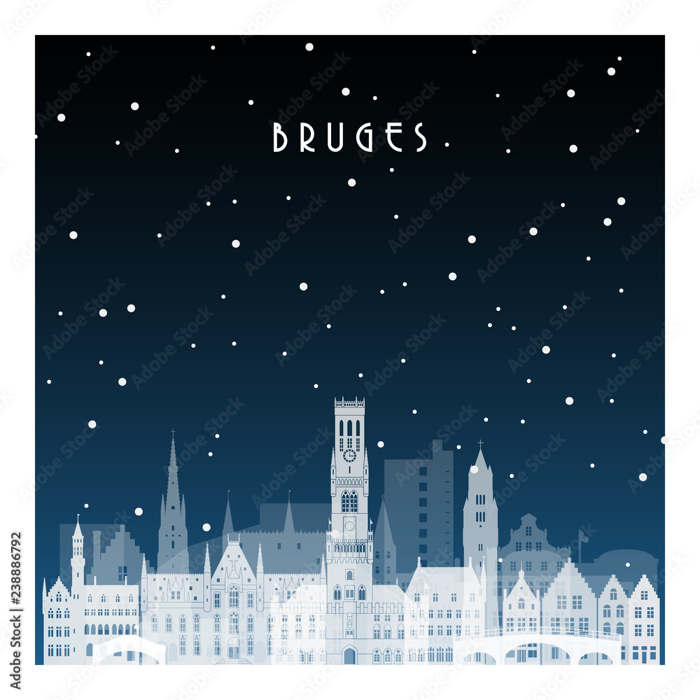 Naklejka premium Winter night in Bruges. Night city in flat style for banner, poster, illustration, background.