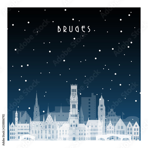 Winter night in Bruges. Night city in flat style for banner, poster, illustration, background.