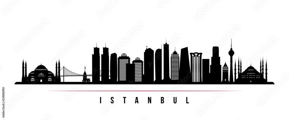 Istanbul city skyline horizontal banner. Black and white silhouette of Istanbul. Vector template for your design.