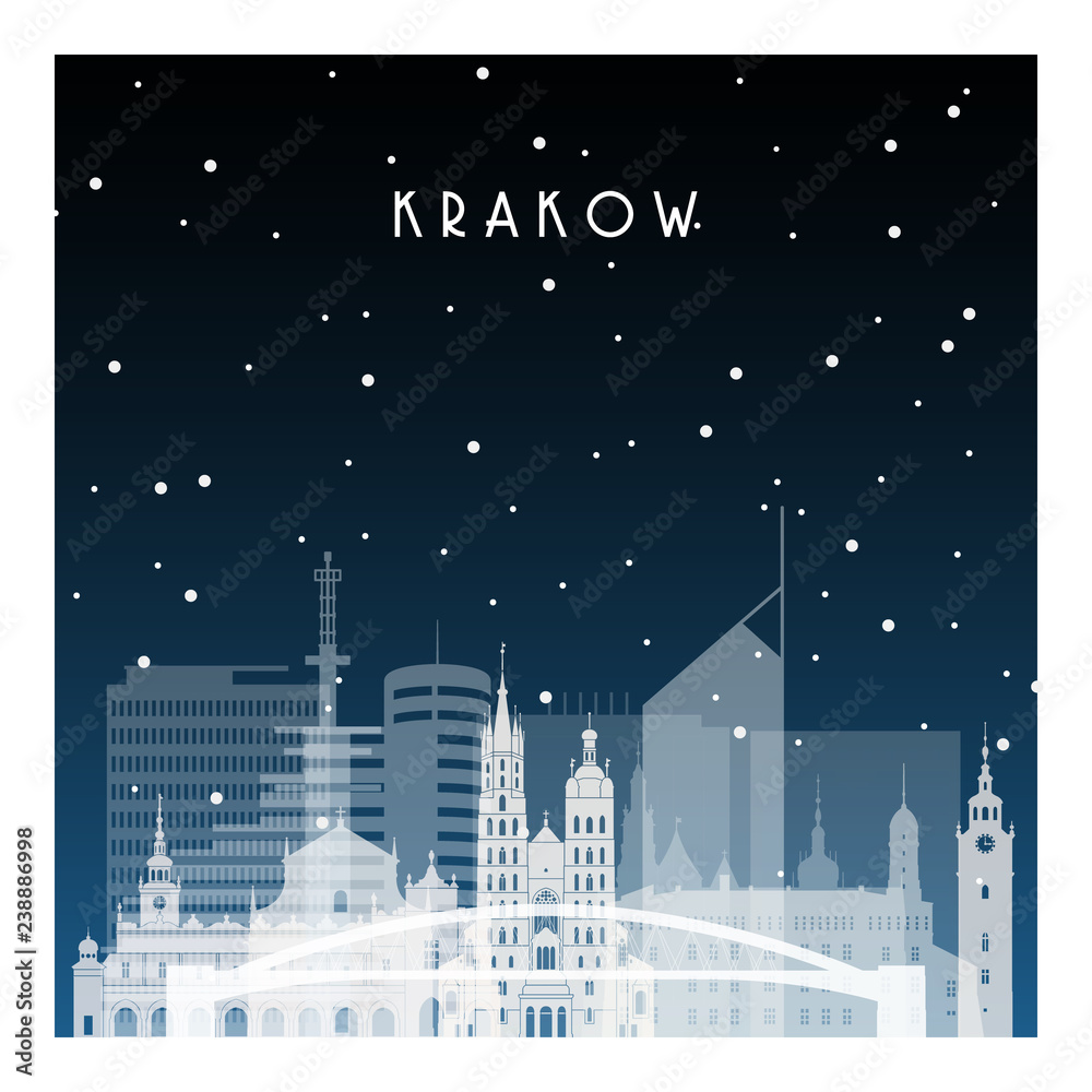 Winter night in Krakow. Night city in flat style for banner, poster, illustration, background.