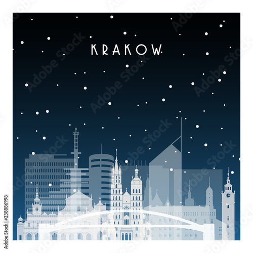Winter night in Krakow. Night city in flat style for banner, poster, illustration, background.