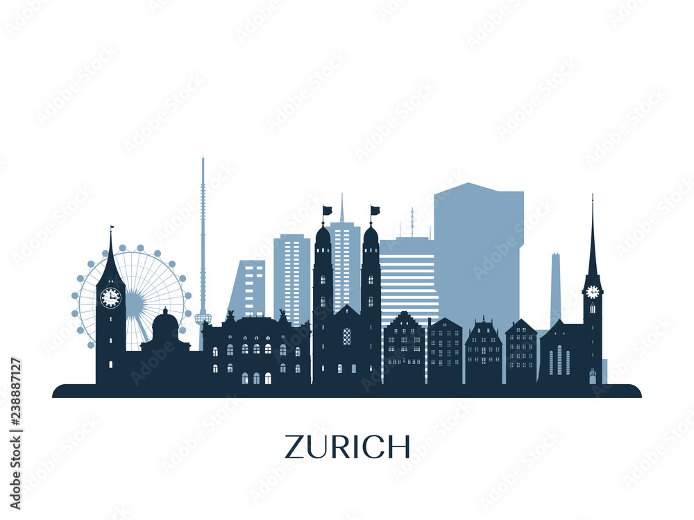 Zurich skyline, monochrome silhouette. Vector illustration.