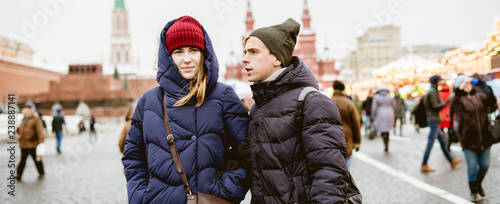 Canvas Print portrait of young lovers couple walking in the moscow historic city travel in eu